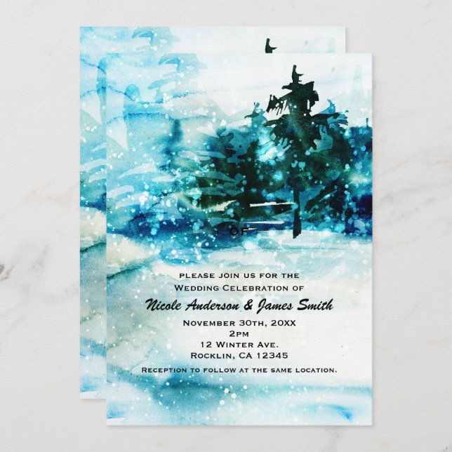 Invitación Boda de árboles de pino de bosque nevado acuarela  (Anverso / Reverso)