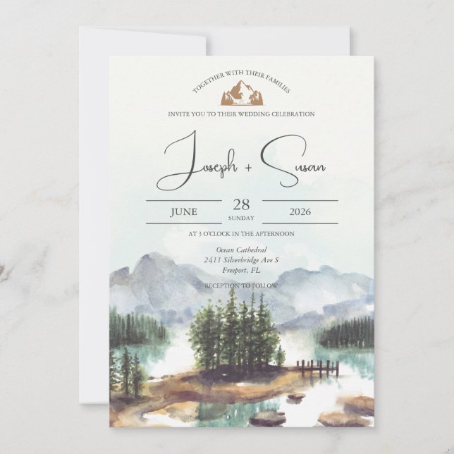 Invitación Boda de Árboles del Lago Pino de la Montaña Rustic (Anverso)
