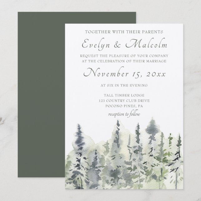 Invitación Boda de Árboles Evergreen Trees de Madera Alta (Anverso / Reverso)