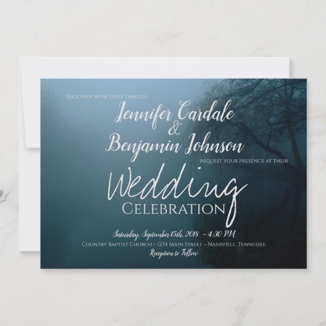 Invitación Boda de árboles salvajes llenos de niebla azul (Anverso)