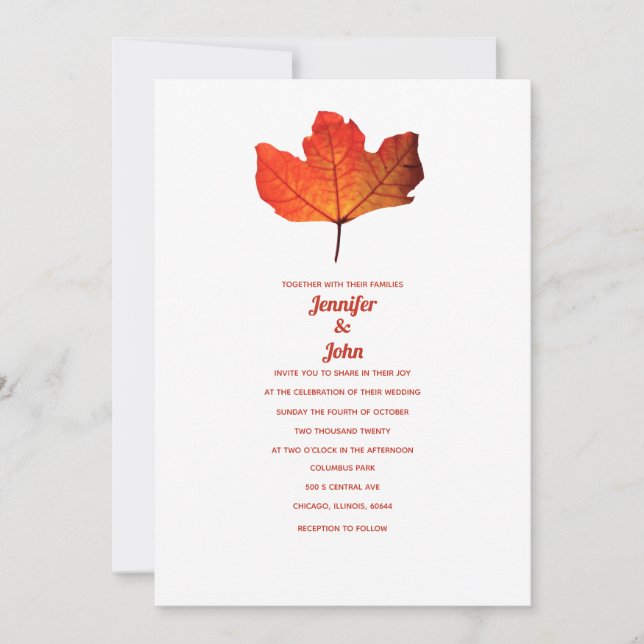 Invitación Boda de arce  maple Naranja quemado de hojas de ot (Anverso)