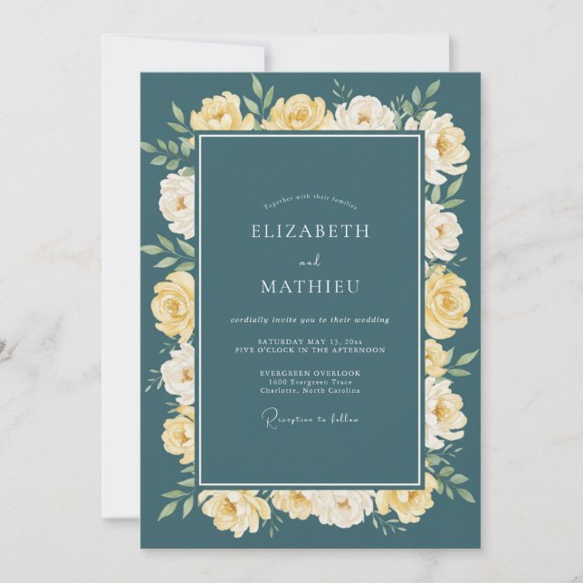 Invitación Boda de arco botánico amarillo turquesa (Anverso)