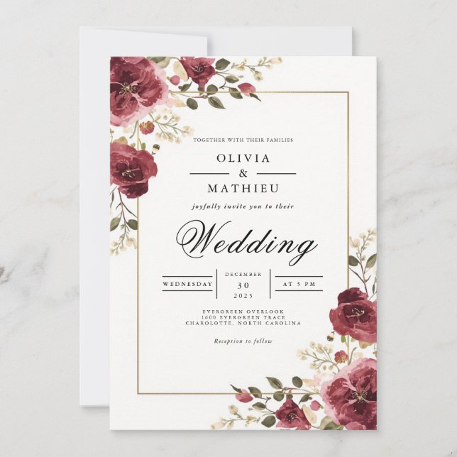Invitación Boda de Arco Botánico de Borgoña Profundo (Anverso)