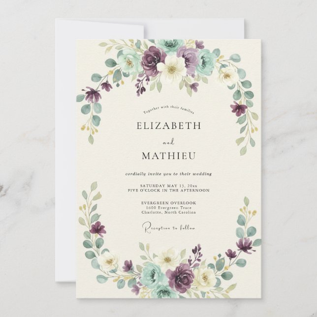 Invitación Boda de Arco Botánico de Menta Morada (Anverso)