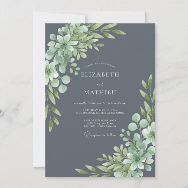 Invitación Boda de Arco Botánico Verde Pizarra (Anverso)