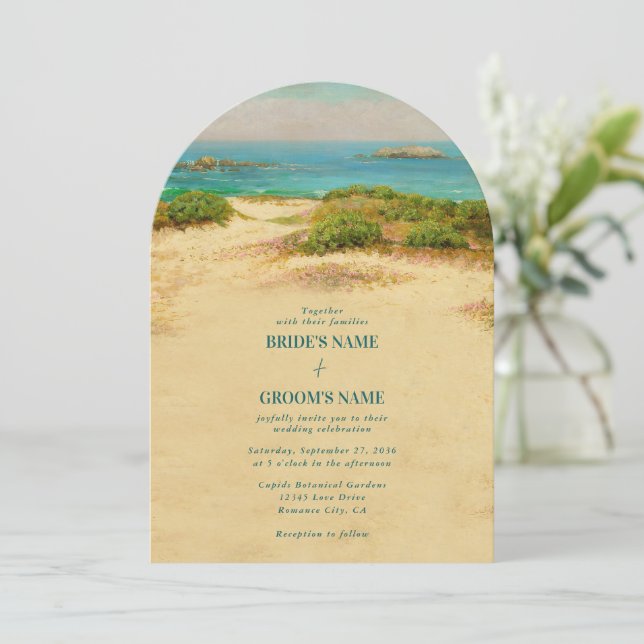 Invitación Boda de arco costero de playa con acuarela (Anverso de pie)
