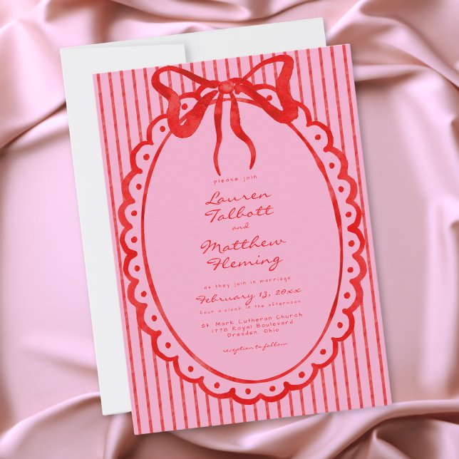 Invitación Boda de arco de acuarela rosa rojo caprichoso (Whimsical Red Pink Watercolor Bow Stripe Wedding Invitation)