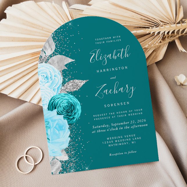 Invitación Boda de Arco de Brillo Plateado Turquesa Floral (Subido por el creador)