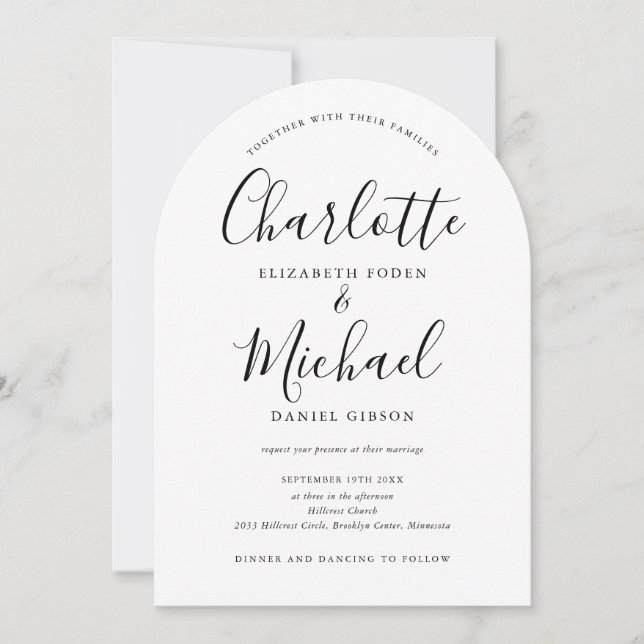Invitación Boda De Arco De Código QR De Guión Blanco Y Negro (Anverso)