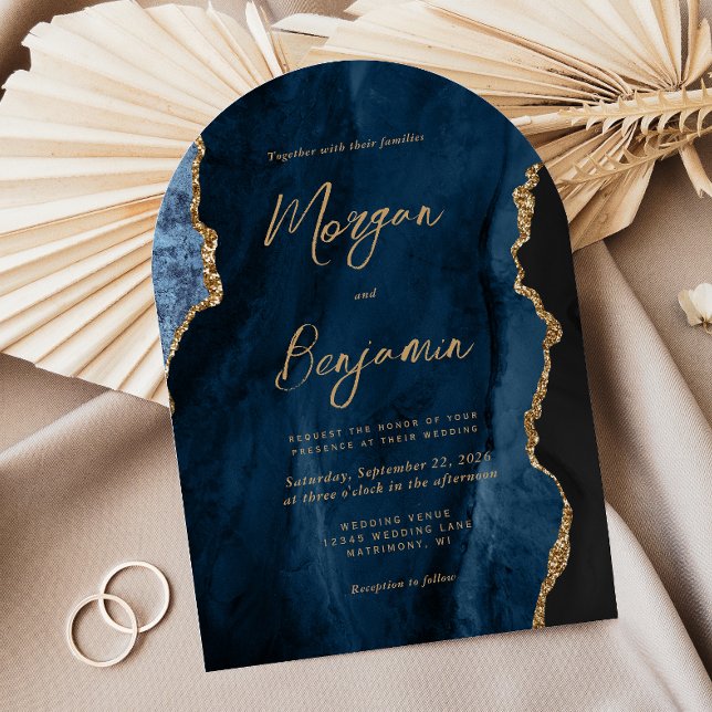 Invitación Boda de arco de escritura de la Marina azul modern (Subido por el creador)