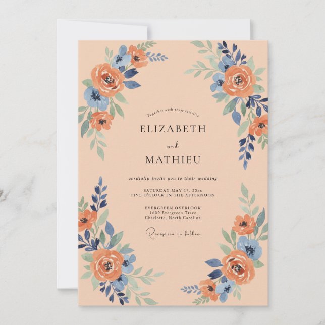 Invitación Boda de Arco de Flor de Melocotón Azul (Anverso)