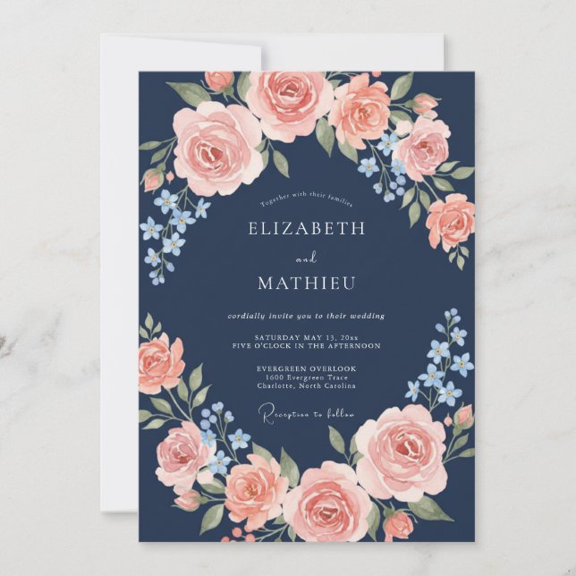 Invitación Boda de arco de flor de melocotón de la marina (Anverso)