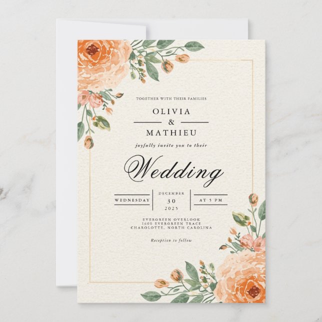 Invitación Boda de arco de flor de naranja desvanecida (Anverso)