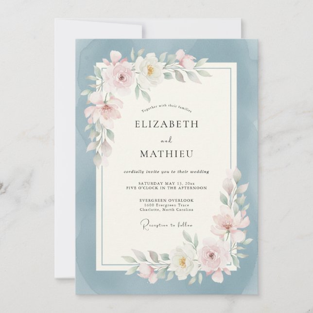 Invitación Boda de arco de flor suave azul polvoriento (Anverso)