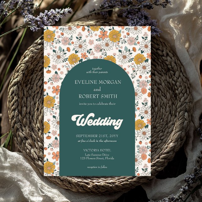 Invitación Boda de arco de flores de otoño retro groovy (Retro groovy autumn flowers arch wedding invitation)