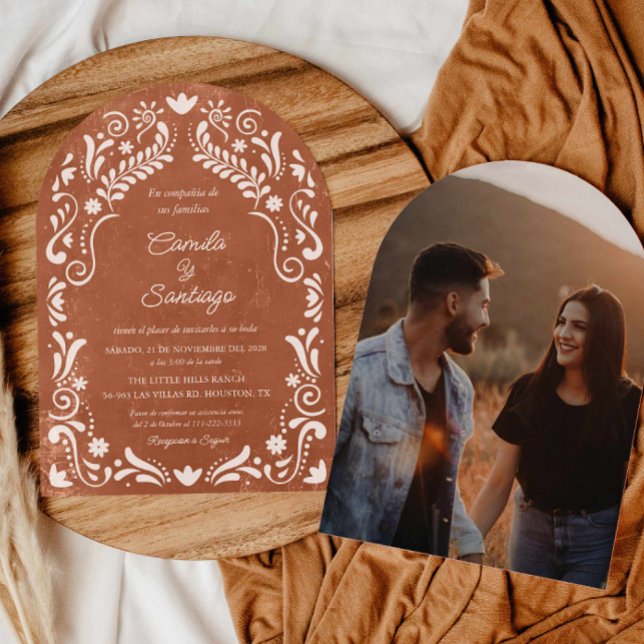 Invitación Boda de Arco de Foto Español de Terracota Rústica (Terracotta Talavera Mexican Arch Photo Wedding Invitation)
