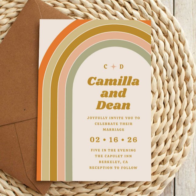 Invitación Boda de Arco de la Vieja Retro 70 (70s retro rainbow groovy wedding invitation template)