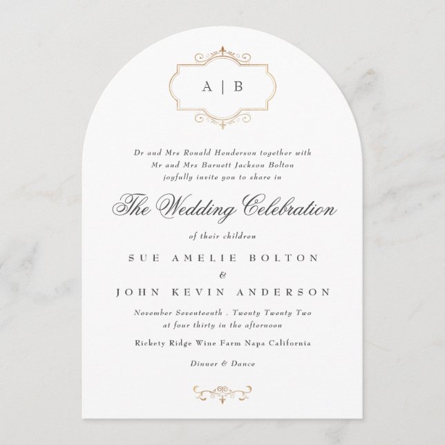 Invitación boda de arco de monocultivo de escudo de oro clási (Anverso)