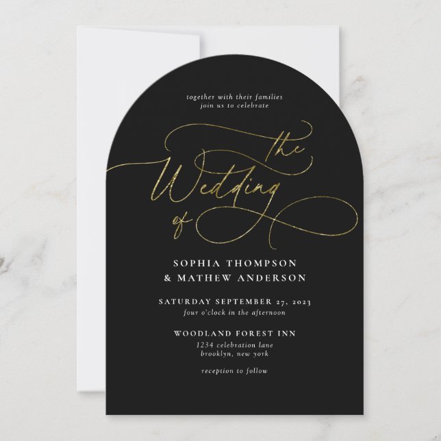 Invitación Boda de Arco de Oro Negro con Guión Sofisticado (Anverso)