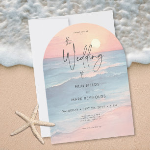 Invitación Boda de arco de playa con acuarela de puesta de so