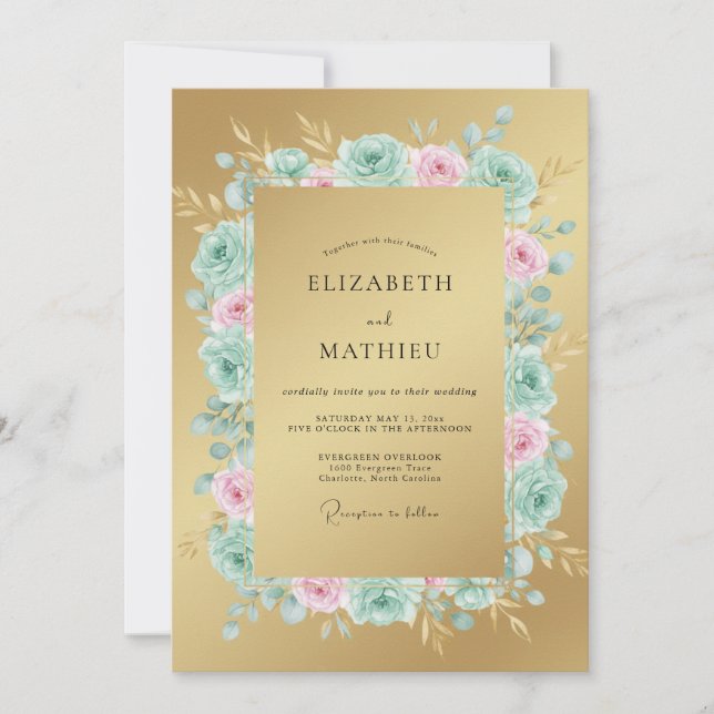 Invitación Boda de arco de rosa botánica dorada (Anverso)