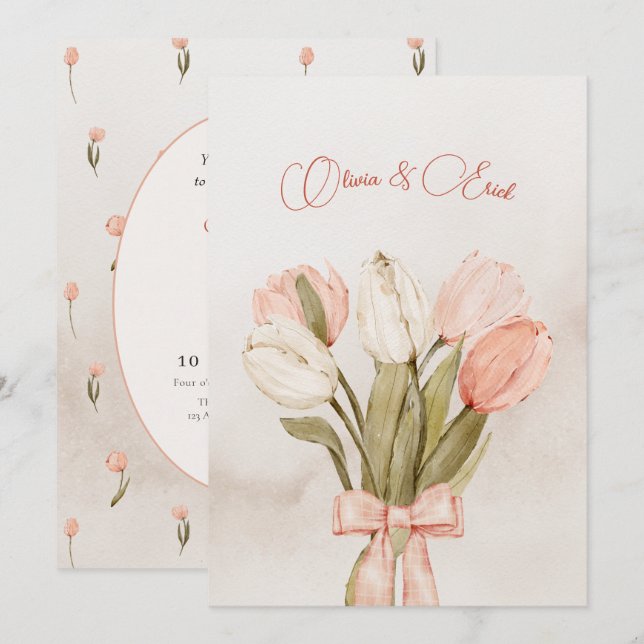 Invitación Boda de arco de tulipanes rosados pasteles (Anverso / Reverso)