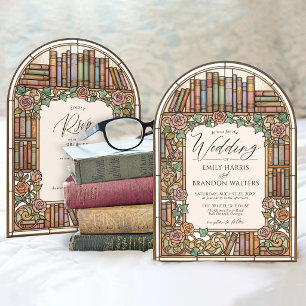 Invitación Boda de Arco de Vidrio Emplomado con Libros de Bib