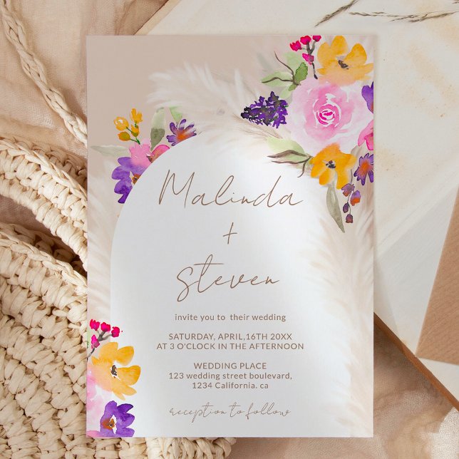 Invitación Boda de arco del desierto de pampas florales de co (Boho pink floral pampas desert arch wedding invitation)