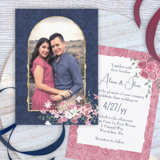 Invitación Boda de Arco Dorado, Azul Oscuro y Rosa Malva