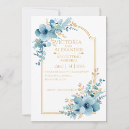 Invitación Boda de arco dorado floral con acuarela azul polvo