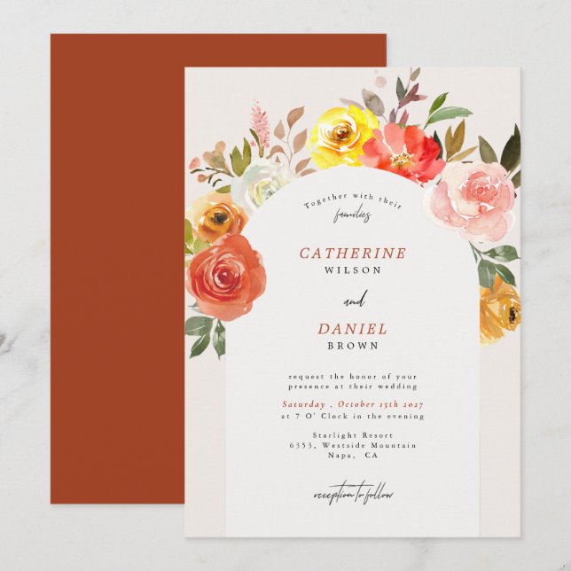 Invitación Boda de Arco Elegante de Floral de Otoño (Anverso / Reverso)