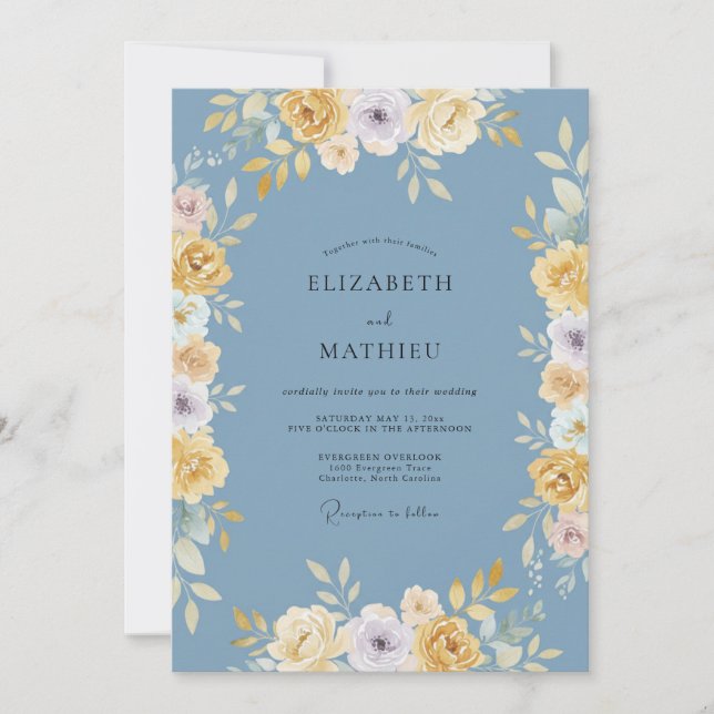 Invitación Boda de arco floral amarillo azul (Anverso)