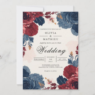 Invitación Boda de arco floral azul burgundy profundo