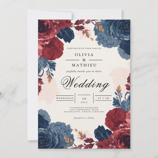 Invitación Boda de arco floral azul burgundy profundo (Anverso)