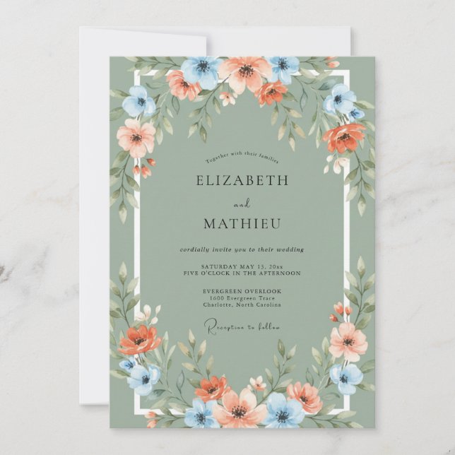 Invitación Boda de arco floral azul coral (Anverso)