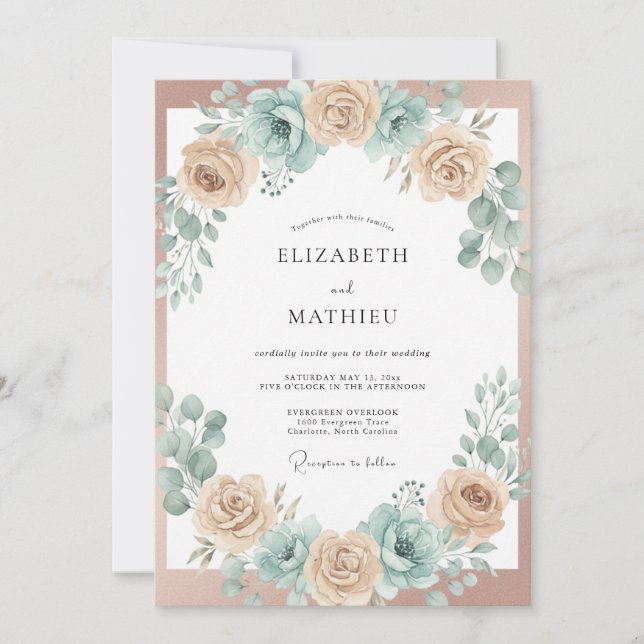 Invitación Boda de arco floral azul melocotón (Anverso)
