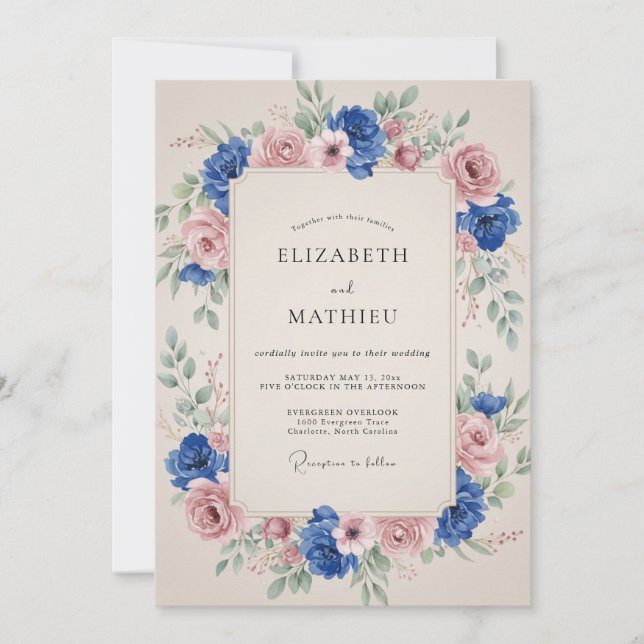 Invitación Boda de arco floral azul rosa (Anverso)