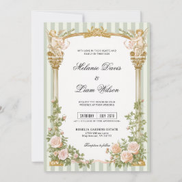 Invitación Boda de arco floral con querubines y rayas en verd