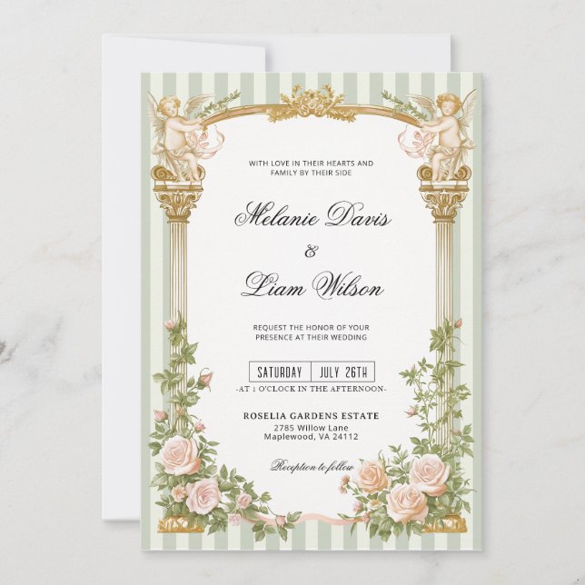 Invitación Boda de arco floral con querubines y rayas en verd (Anverso)
