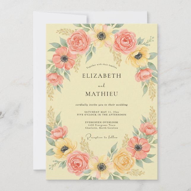 Invitación Boda de Arco Floral Coral Rubor (Anverso)