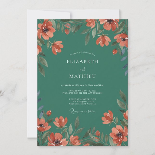 Invitación Boda de arco floral de azul teal profundo (Anverso)