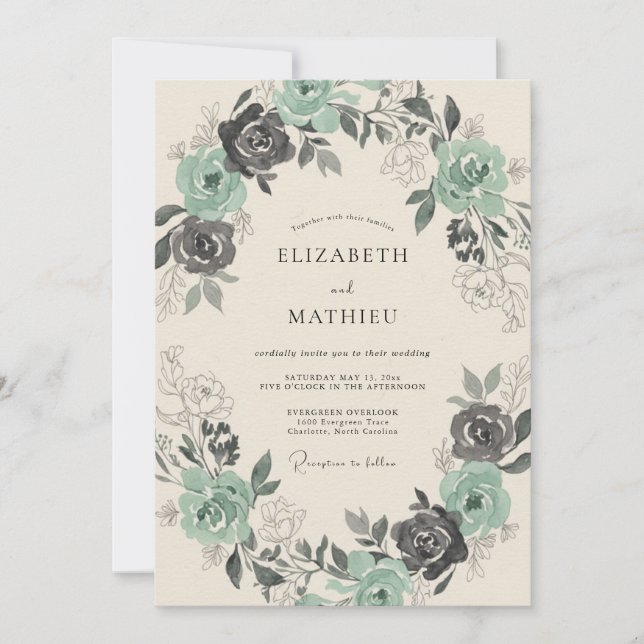 Invitación Boda de arco floral de carbón de menta (Anverso)
