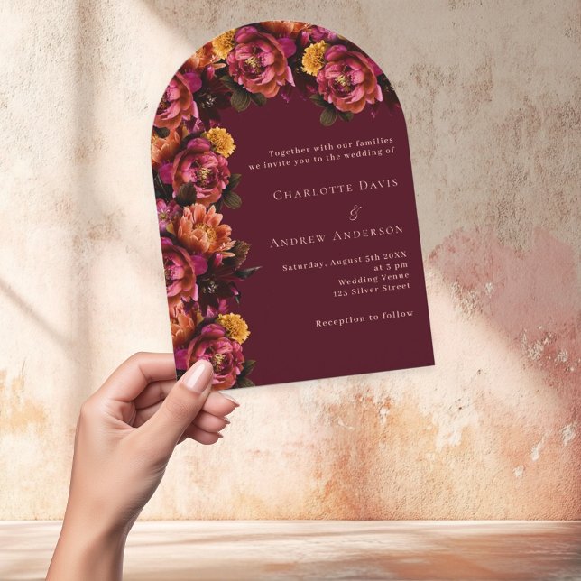 Invitación Boda de arco floral de durazno rosa de Borgoña (Subido por el creador)