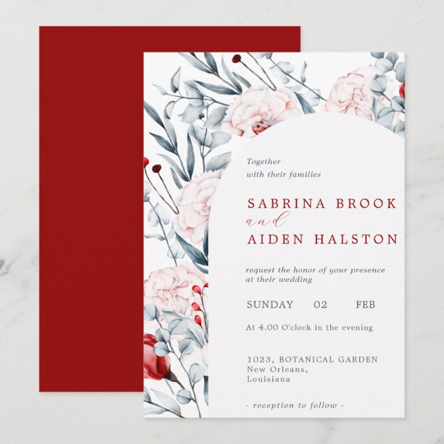 Invitación Boda De Arco Floral De Flores Rojas Y Azules (Anverso / Reverso)