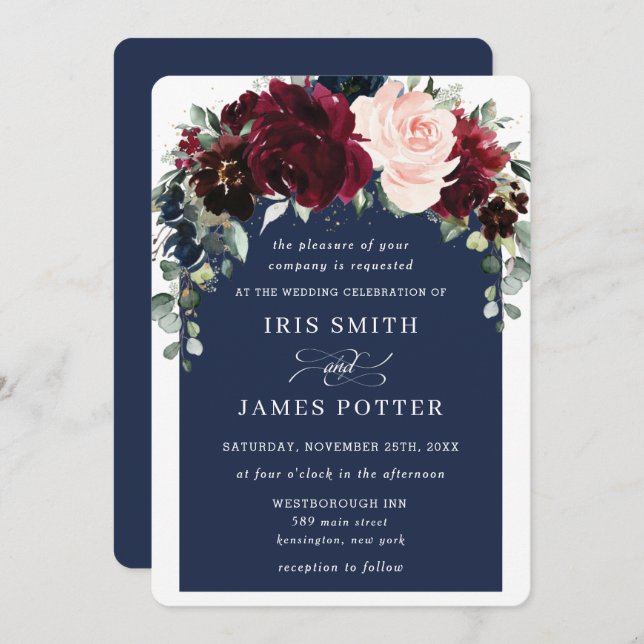 Invitación Boda de arco floral de la Marina Rusa de Borgoña e (Anverso / Reverso)