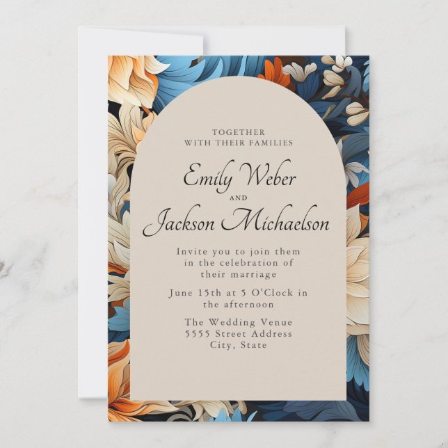 Invitación Boda de Arco Floral de Marina Naranja de Marfil (Anverso)