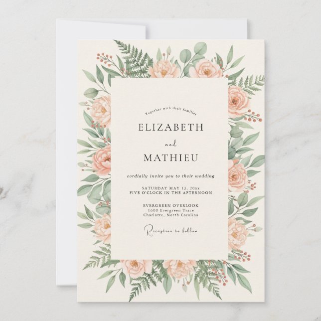 Invitación Boda de Arco Floral de Melocotón Crema (Anverso)