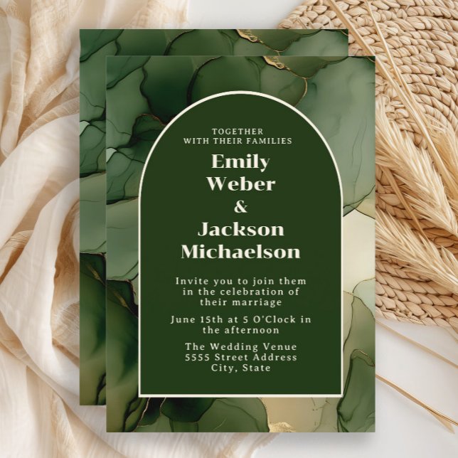 Invitación Boda de arco floral de oro verde de oliva esmerald (Emerald/olive green wedding invitation)