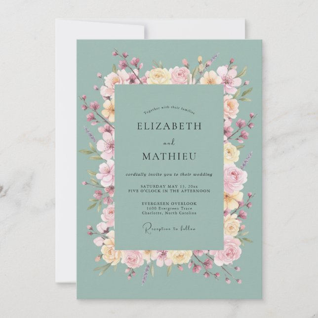 Invitación Boda de Arco Floral de Rubor a Menta (Anverso)