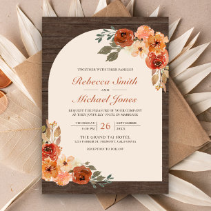 Invitación Boda de Arco Floral Naranja Barn Wood Earthy